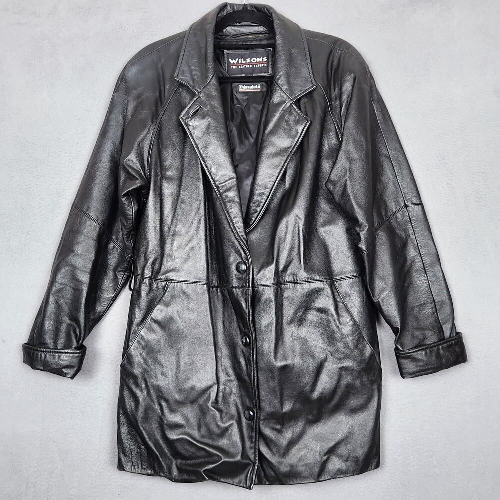 Wilsons Leather Coat Womens Small Black Thinsulate 3M Long Zip Snap Pockets